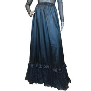 Gothic Maxi Skirt Black Satin Lace Victorian Petticoat Size L Whimsigoth Fairy